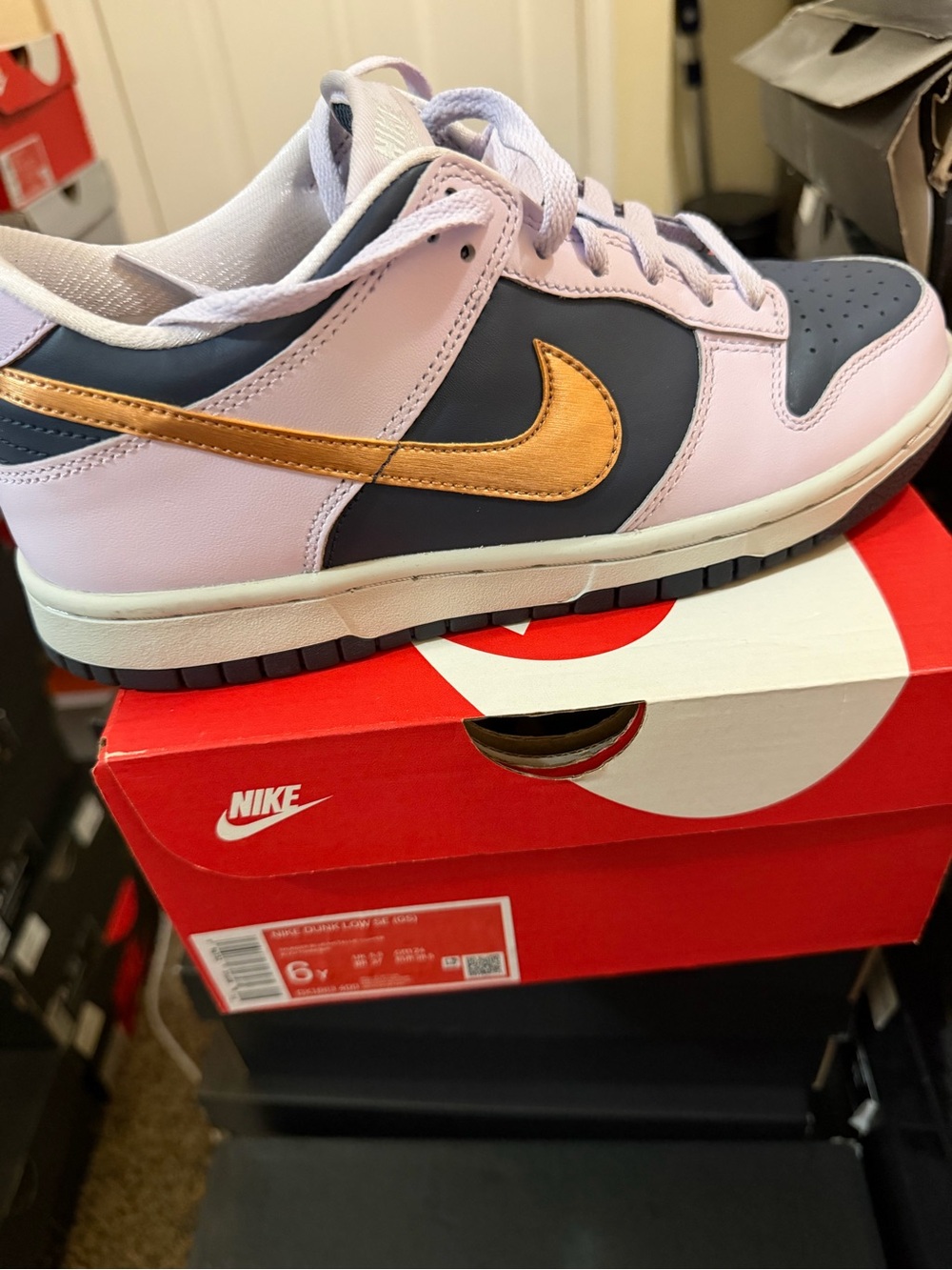 Nike Dunk Low Lavender Pink, Navy and Metallic Gold
